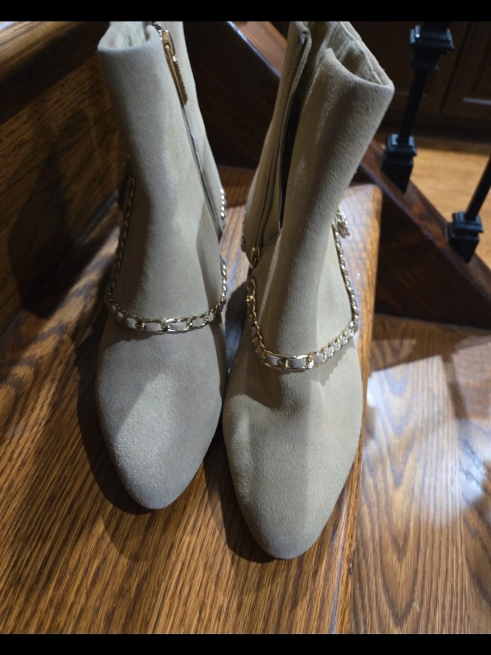 Karl Lagerfeld Taupe Suede Ankle Boots with Gold Chain Trim - Picture 2 of 6